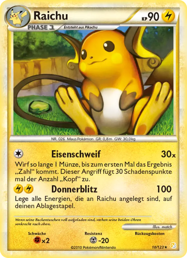 Raichu #10 — HeartGold SoulSilver (Reverse Holo)