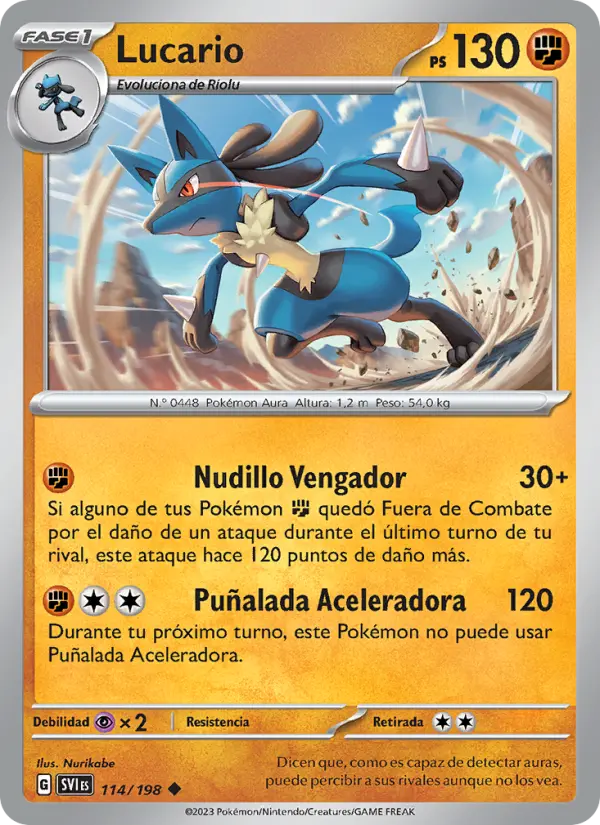 Lucario #114 — Escarlata y Púrpura (Reverse Holo)