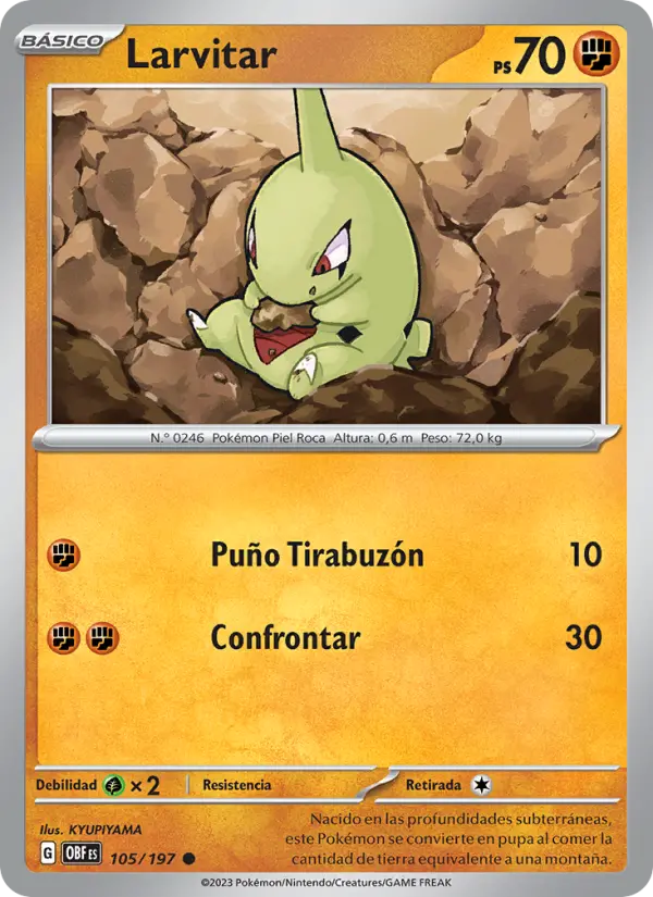 Larvitar #105 — Llamas Obsidianas (Reverse Holo)
