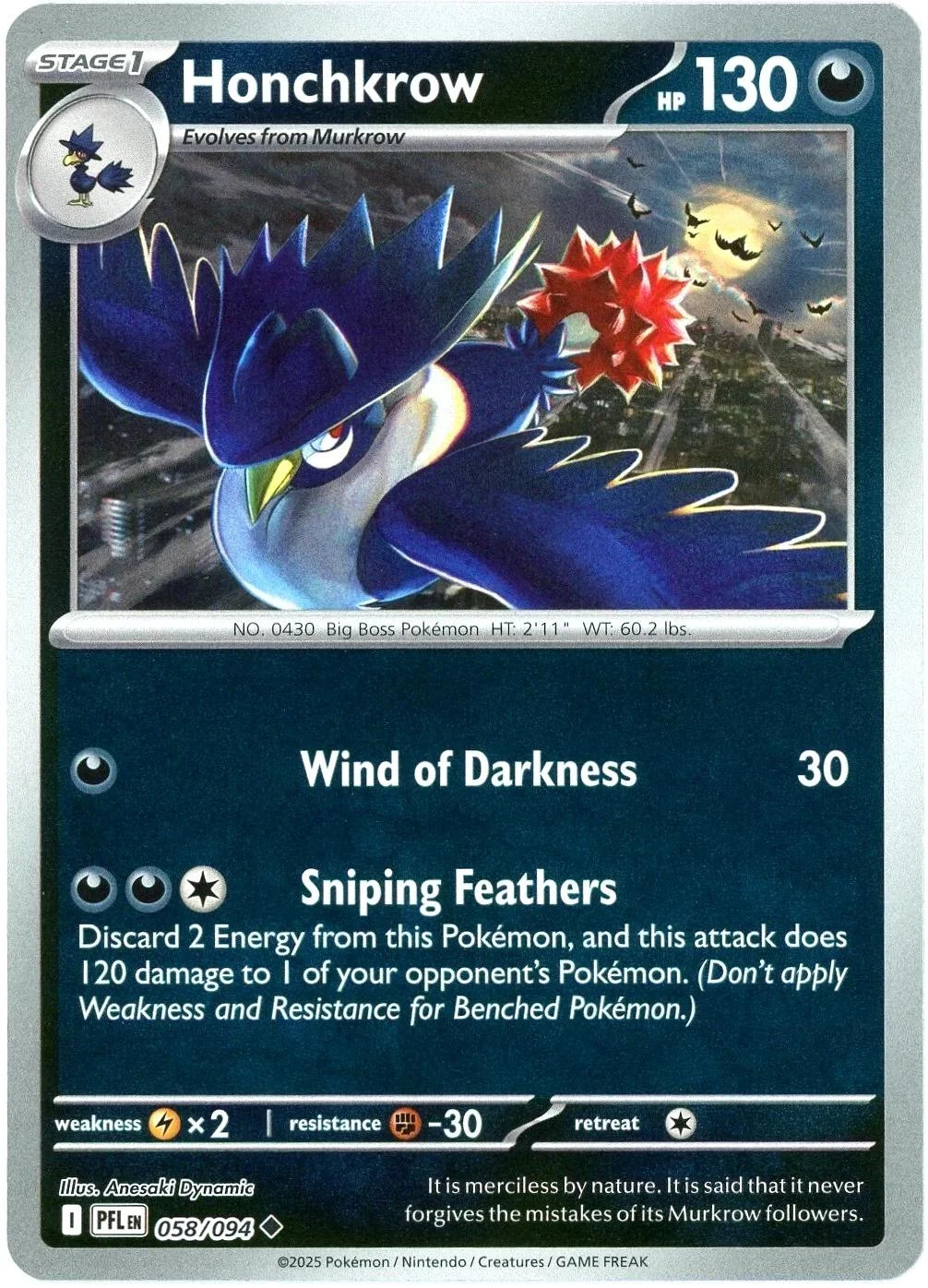 Honchkrow #058 — Fogo Fantasmagórico (Reverse Holo)