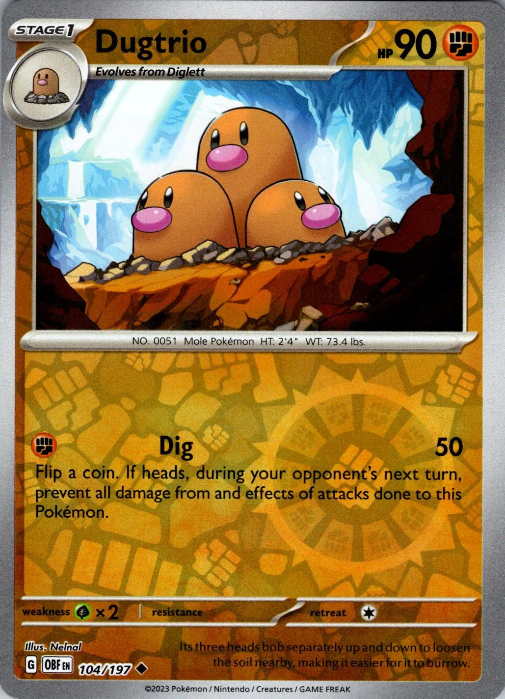 Dugtrio #104 — Llamas Obsidianas (Reverse Holo)